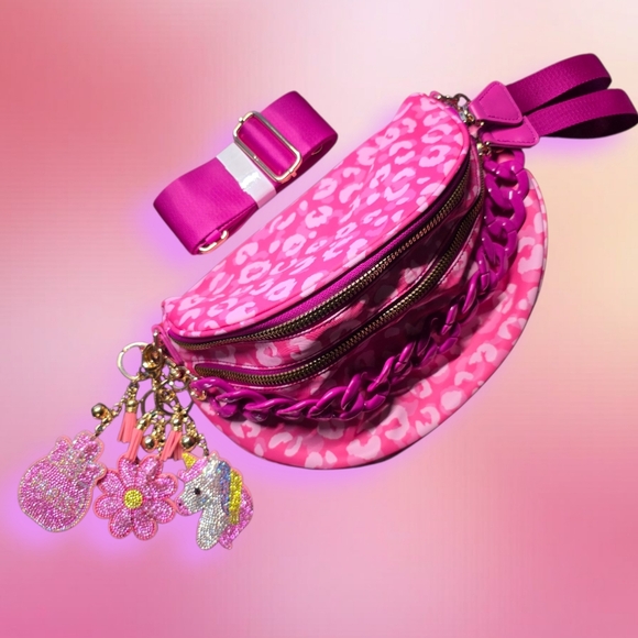 charmed by slg Handbags - Bum Bag Bundle Deal | Leopard Nylon Crossbody + Acrylic Chain & 3 Bag Charms